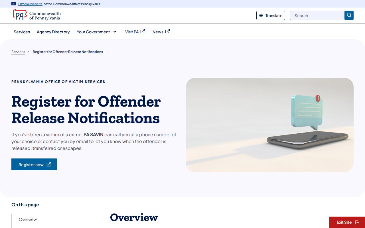 PA SAVIN notification registration for Perry County release alerts