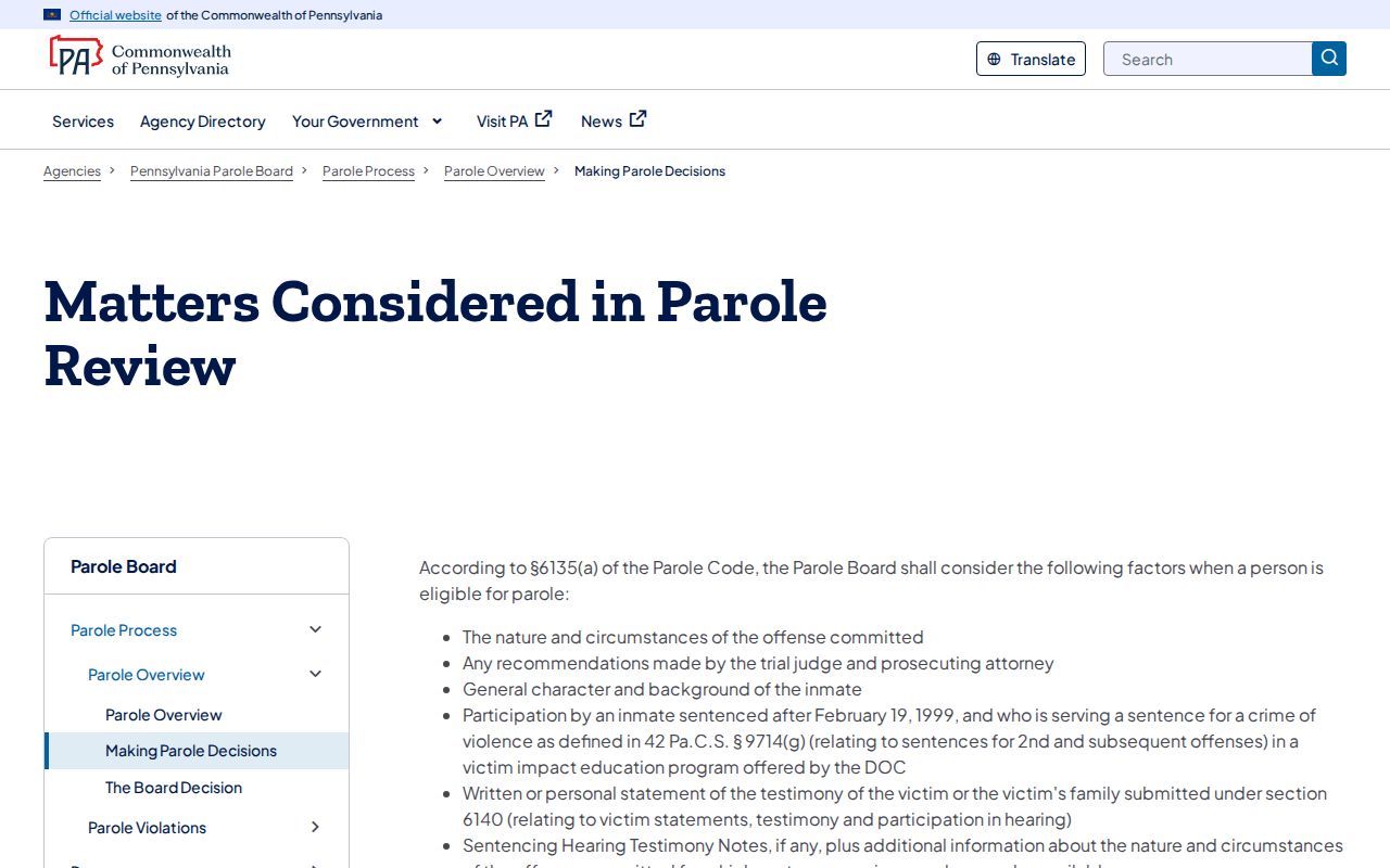 Pennsylvania parole decision factors for Perry County release supervision